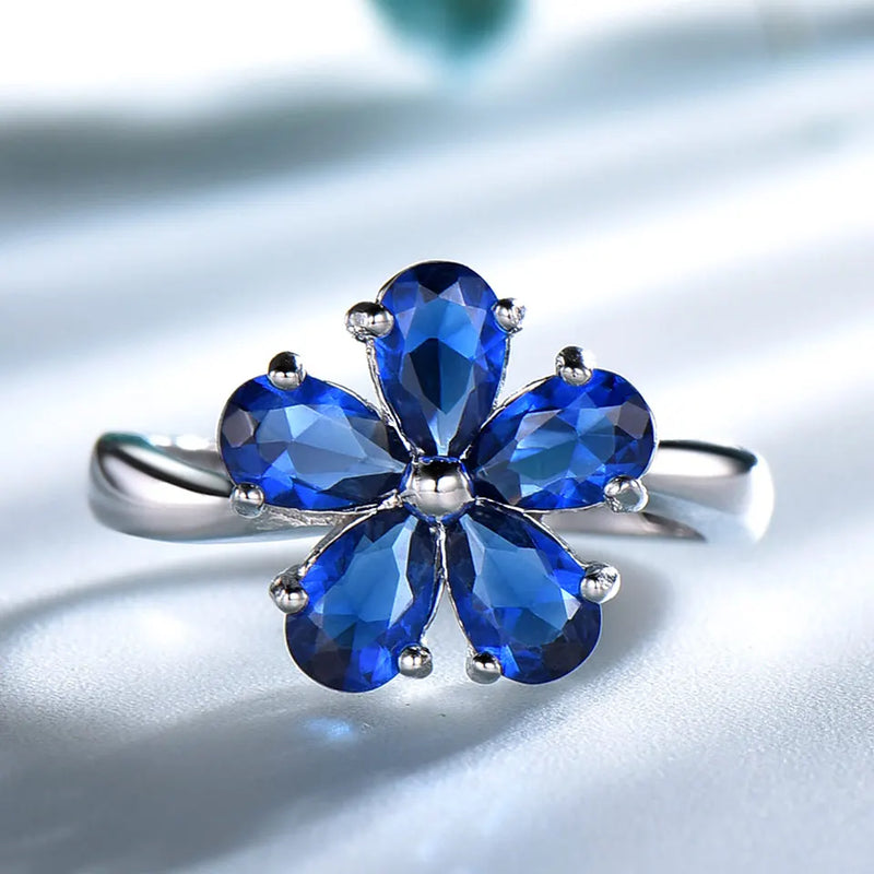 925 Sterling Silver Blue Sapphire Flower Ring for Women