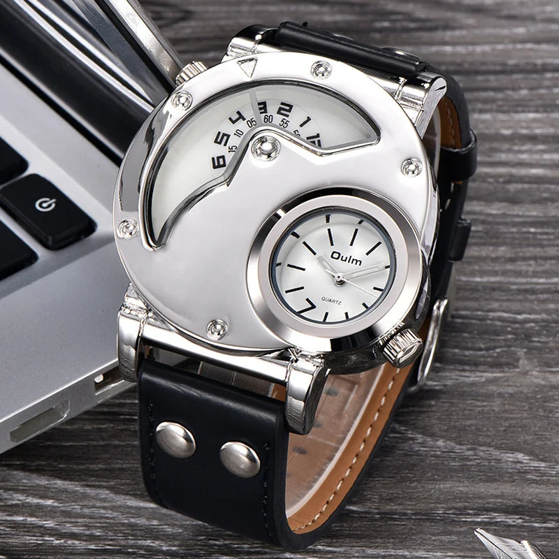 Unique Design Multiple Time Zone Leather Strap Wristwatch for Men