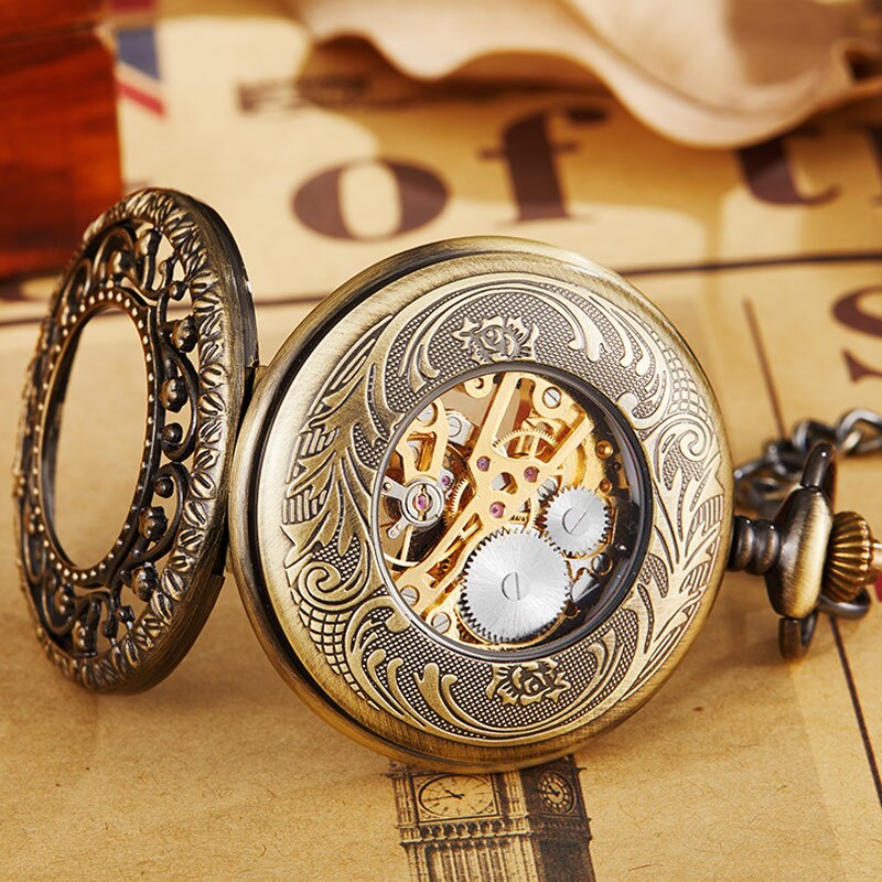 Gold Skeleton Hollow Pocket Watch with FOB Chain for Mens and Womens