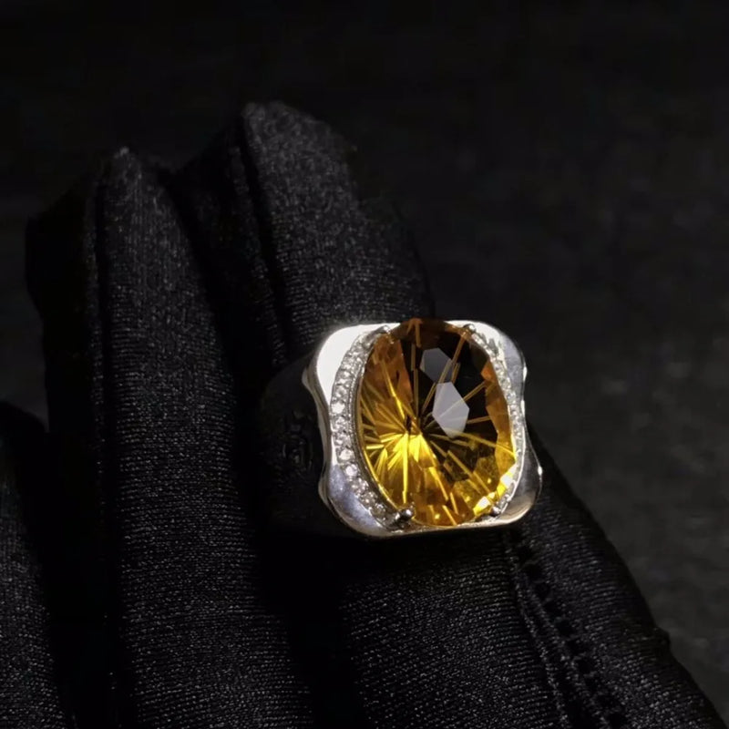 925 Sterling Silver Citrine Men's Ring with Precision Manufacturing, Natural Gem from Brazil