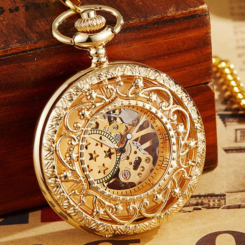 Gold Skeleton Hollow Pocket Watch with FOB Chain for Mens and Womens