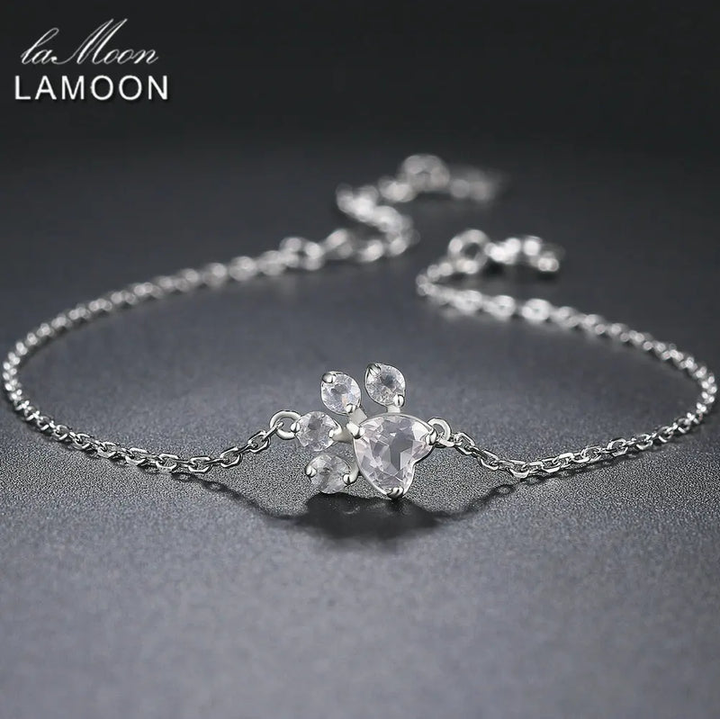 925 Sterling Silver Paw Print Charm Bracelet with Clear Quartz for Women.