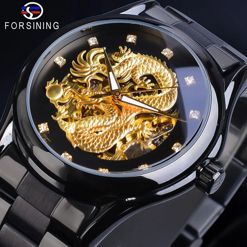 Stainless Steel 3D Carved Dragon, Automatic, Skeleton Watch for Men