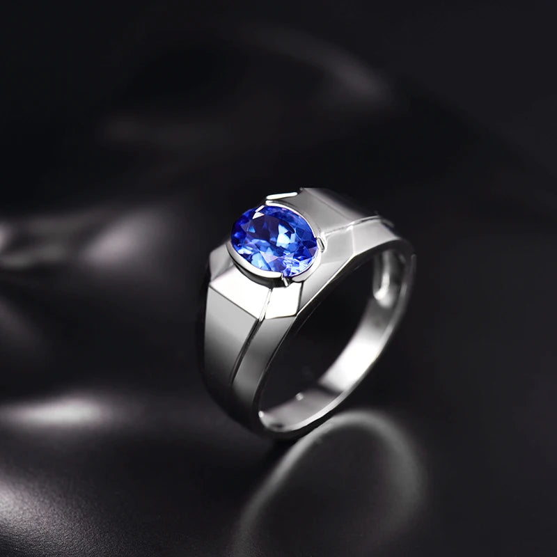 14K White Gold Blue Tanzanite Mens Wedding Ring