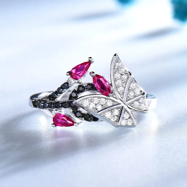 Sterling Silver Black Spinel & Ruby Butterfly Ring for Women