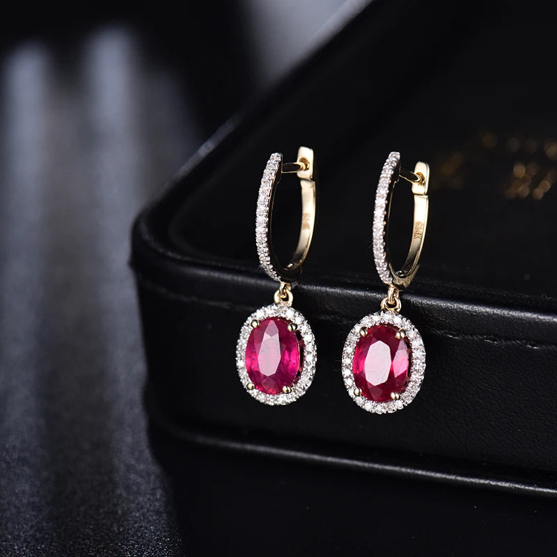 14K Yellow Gold Natural Red Ruby Diamond Earrings for Women