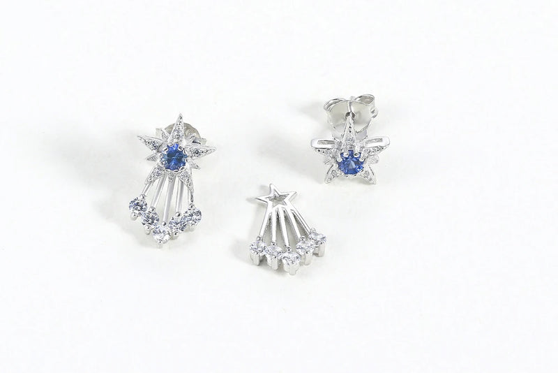 Sterling Silver White Gold Plated Blue Corundum Shooting Star Earrings for Women