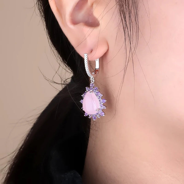 925 Sterling Silver Natural Pink Calcedony Drop Earrings for Women