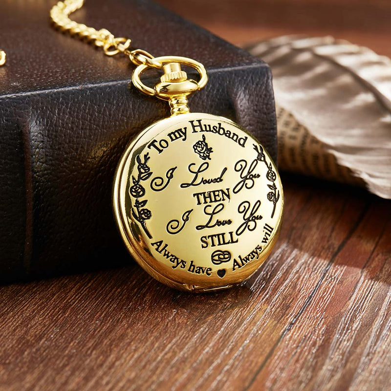 Stainless Steel Laser Engraved Pocket Watch with Chain for Men