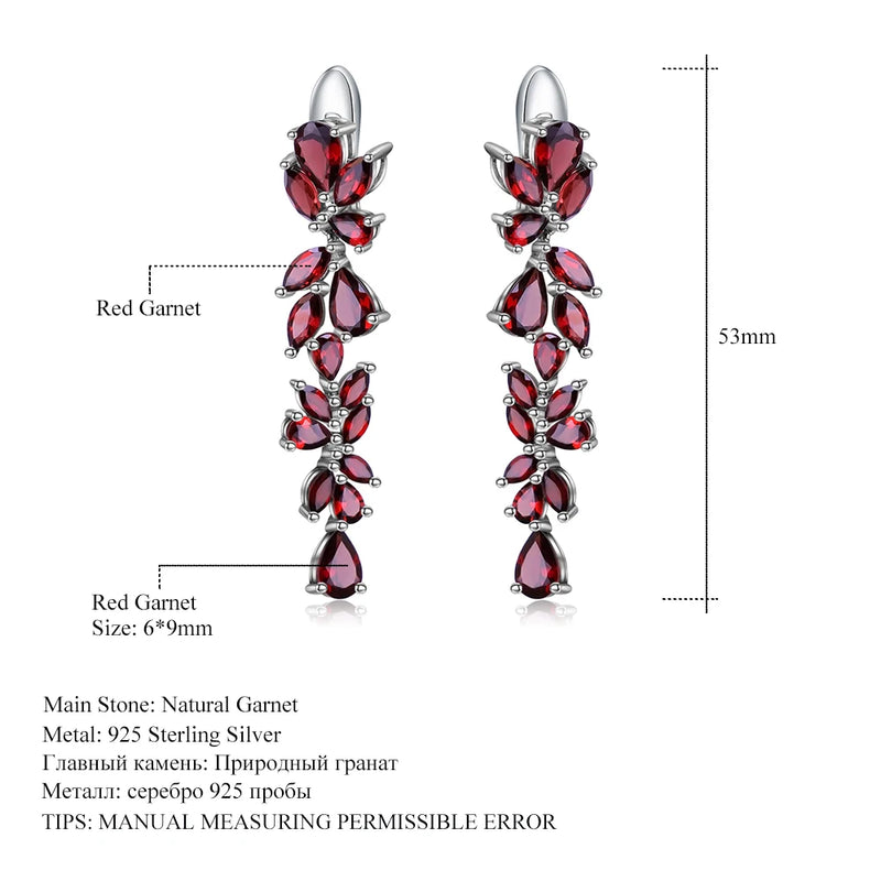 925 Sterling Silver Natural Garnet Leaves Branches Earrings for Women