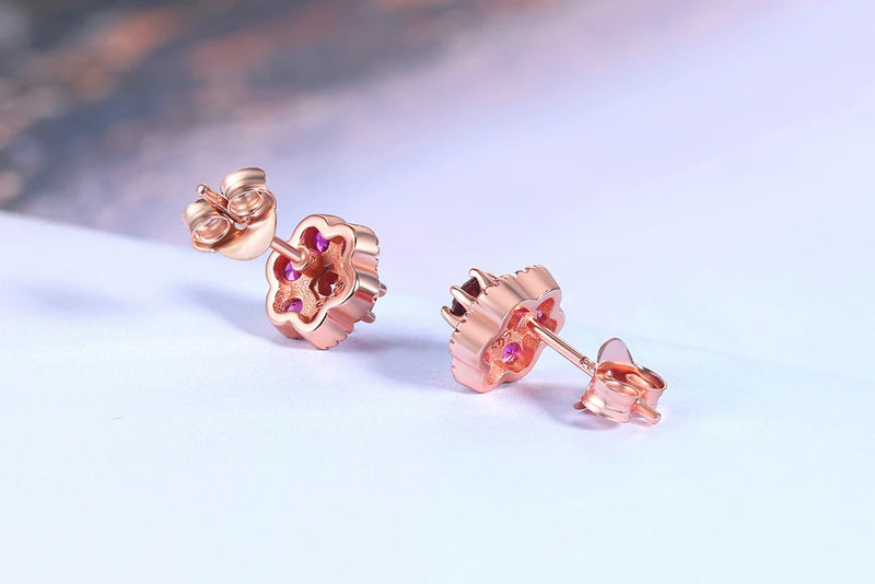 Rose Gold 925 Sterling Silver Natural Red Garnet Flower Earrings for Women