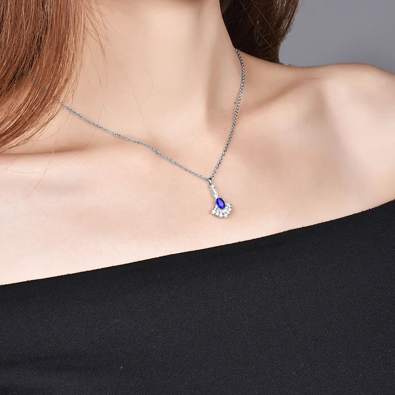 14K White Gold Oval Blue Sapphire Pendant Necklace for Women