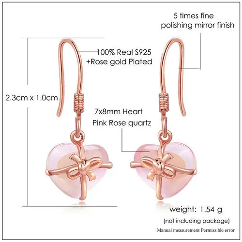 925 Sterling Silver Natural Pink Rose Quartz Drop Earrings for Her