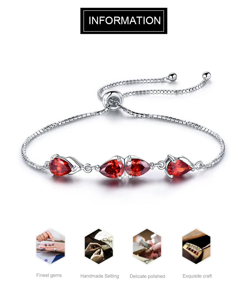 Sterling Silver Garnet Bracelet with Pear Cut Zircon, 5x7mm, for Women