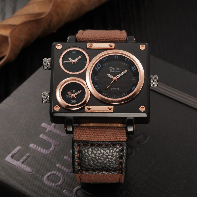 Luxury Designer Square-Face Watch with Three Time Zones for Men