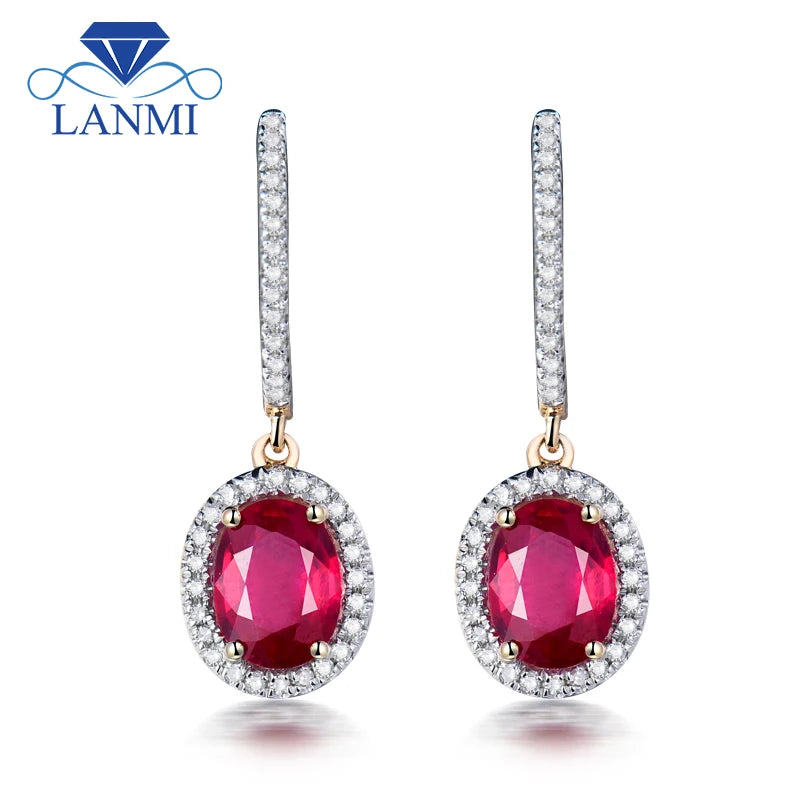 14K Yellow Gold Natural Red Ruby Diamond Earrings for Women