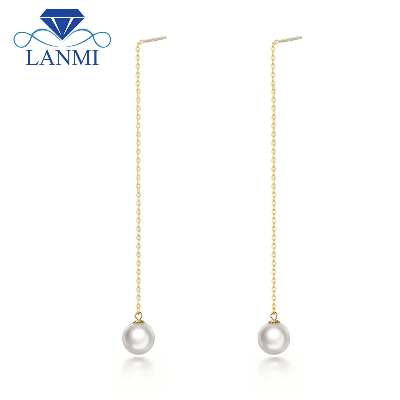 18K Yellow Gold Akoya Pearls Long Drop Earrings for Women