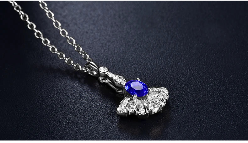 14K White Gold Oval Blue Sapphire Pendant Necklace for Women