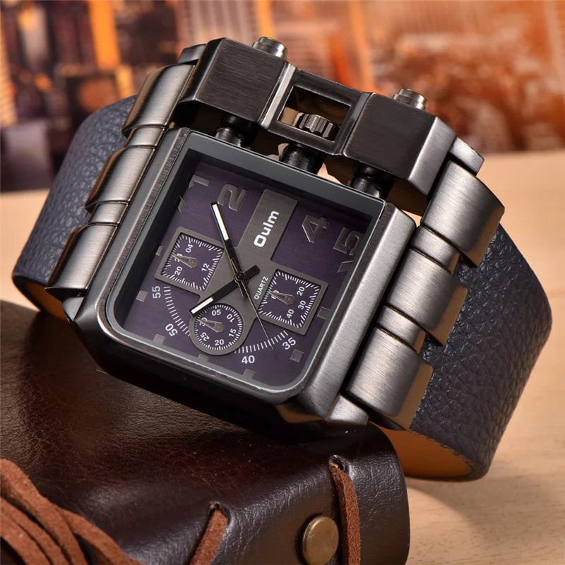 Unique Design Square Men's Wristwatch with Wide Dial and Leather Strap