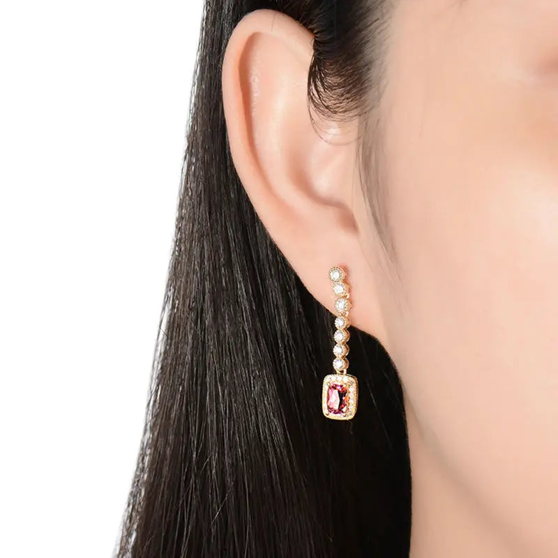 18K Yellow Gold Natural Pink Tourmaline Cushion Cut Earrings for Women