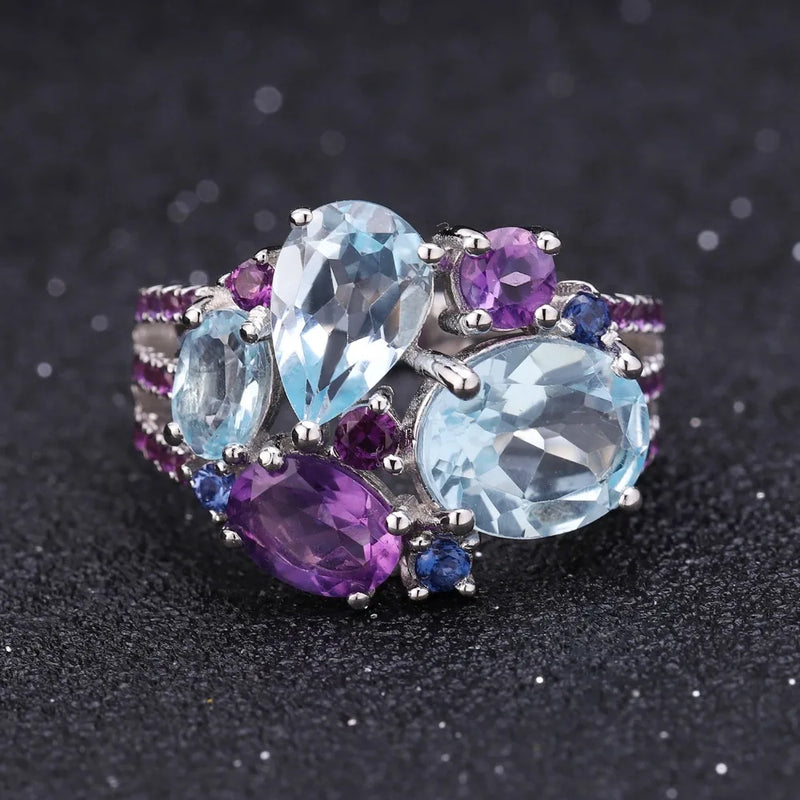 Sterling Silver Natural Sky Blue Topaz and Amethyst Candy Rings for Women