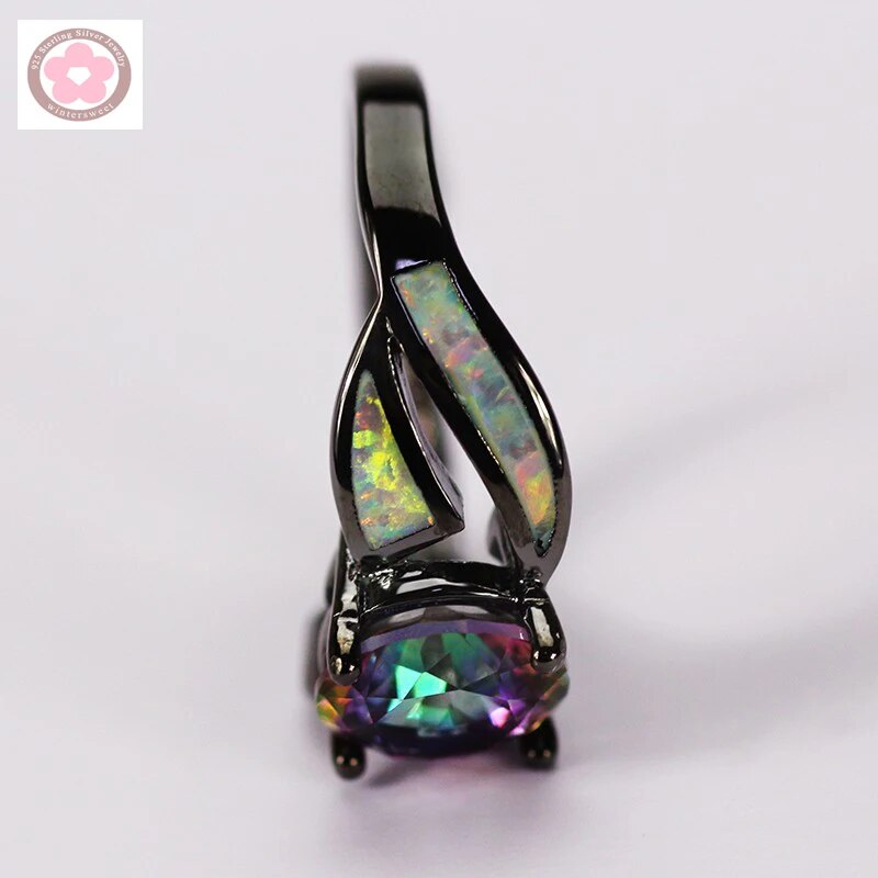 Sterling Silver Rainbow Crystal & Fire Opal Cocktail Ring for Women