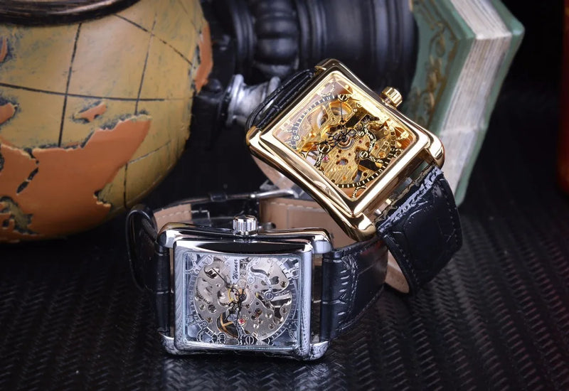 Golden Rectangle Dial Hollow Skeleton Mechanical Watch for Men