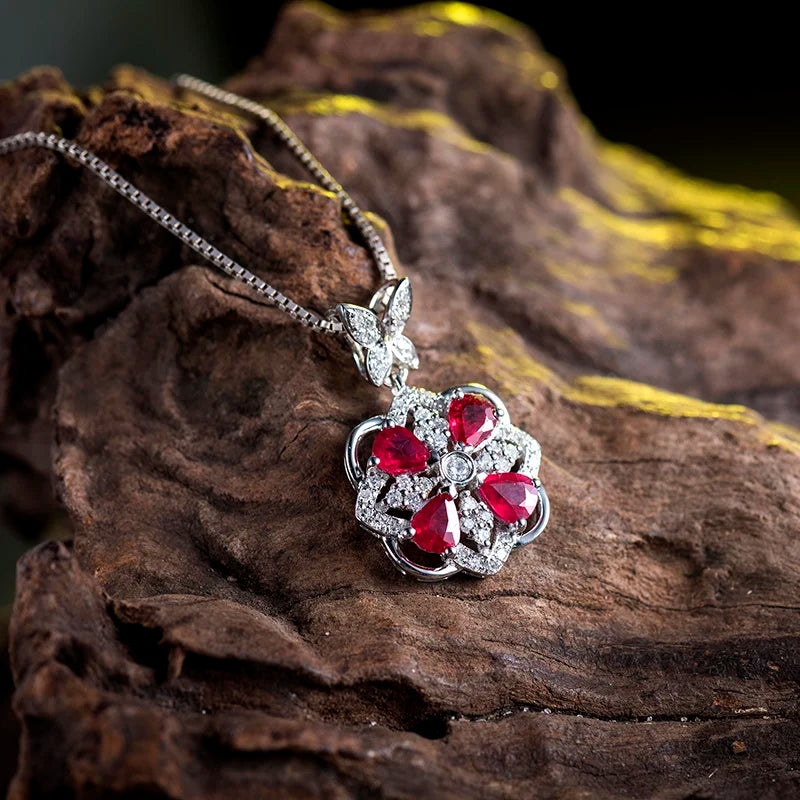 18Kt White Gold Red Ruby Diamond Pear Cut Pendant for Women