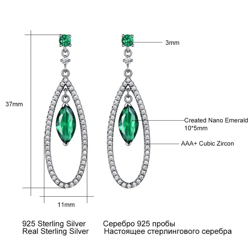 Solid Silver 925 Created Nano Emerald Marquise Drop Earrings for Women