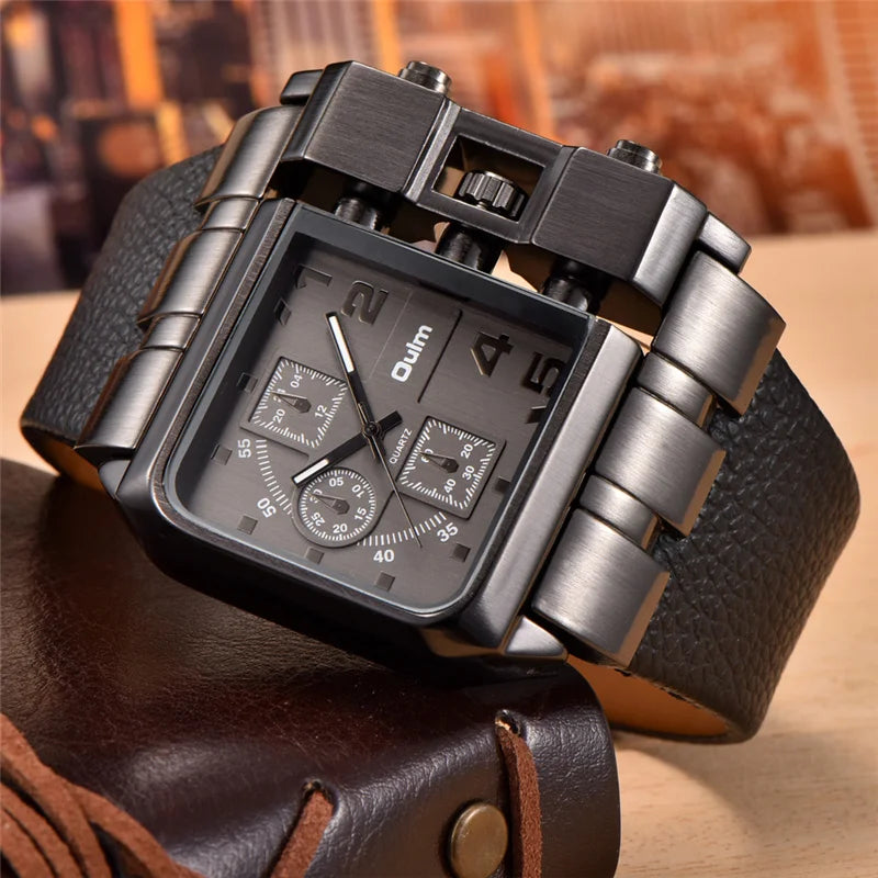 Unique Design Square Men's Wristwatch with Wide Dial and Leather Strap