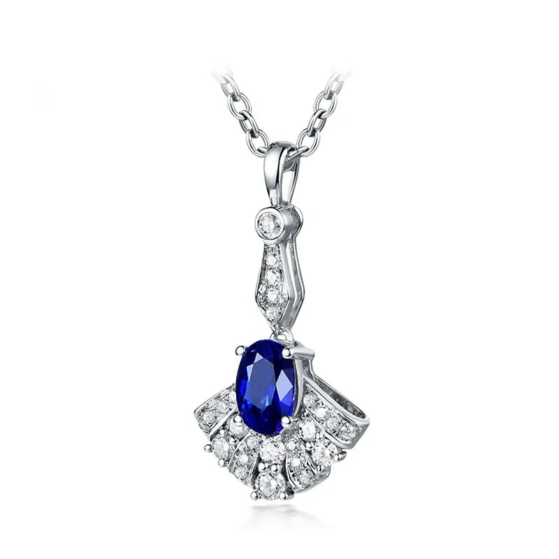 14K White Gold Oval Blue Sapphire Pendant Necklace for Women