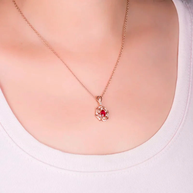 14K Rose Gold Red Ruby and Diamond Pendant Necklace for Women