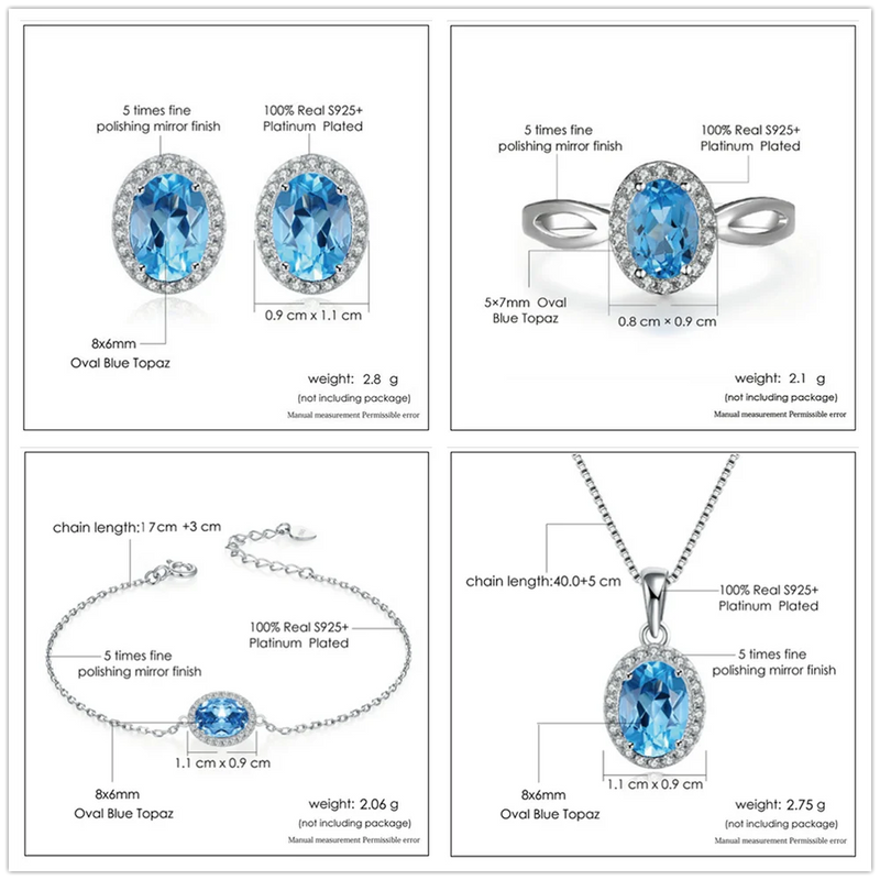 Sterling Silver 925 Blue Topaz Jewelry Set for Women