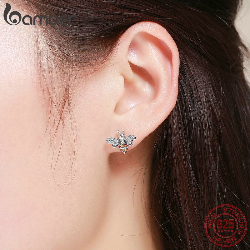 Sterling Silver Clear CZ Bee Stud Earrings for Women