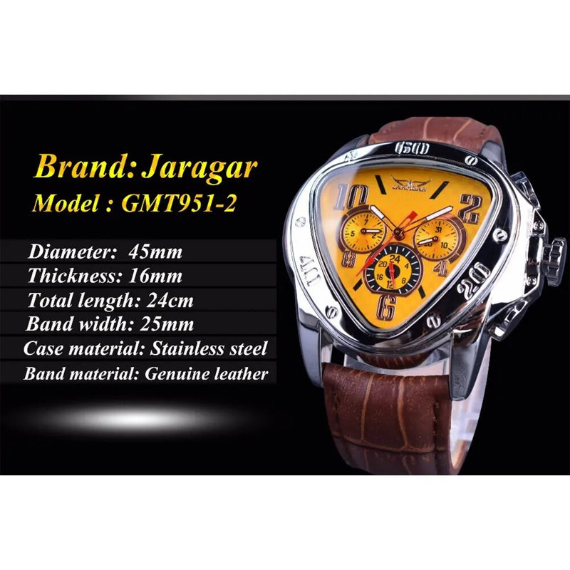 Brown Leather Strap Automatic Watch with Geometric Triangle Design for Men