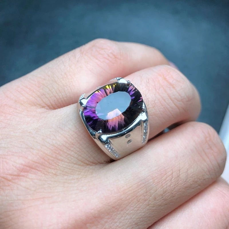 925 Silver Ametrine Ring with Two-Color Fire, Natural Beauty for Men