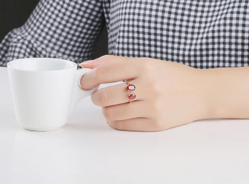 Sterling Silver Rose Gold Plated Oval Double Garnet Ring for Women