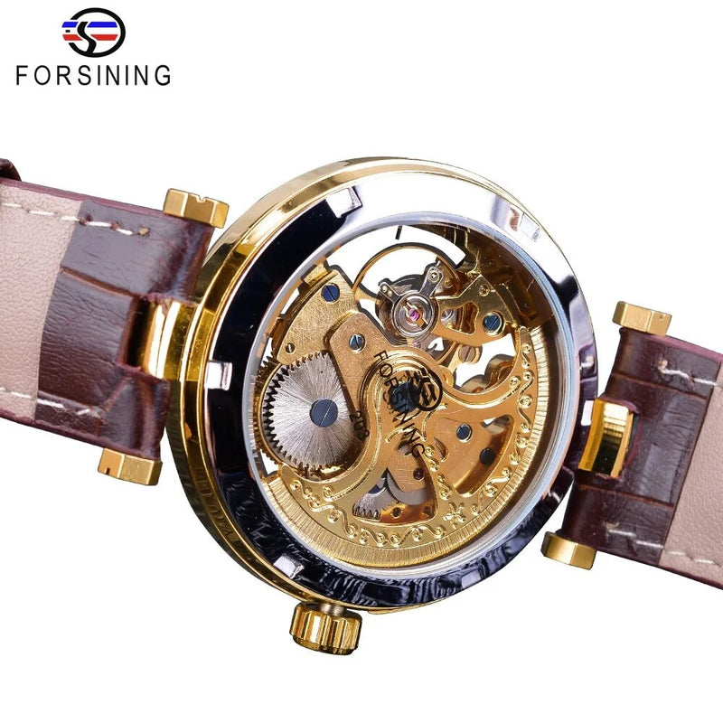 Gold Mens Automatic Watch with Brown Leather Strap and Luminous Hands