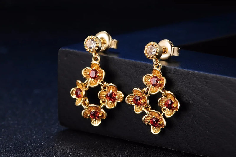 Sterling Silver Flower Garnet Jewelry Set for Women