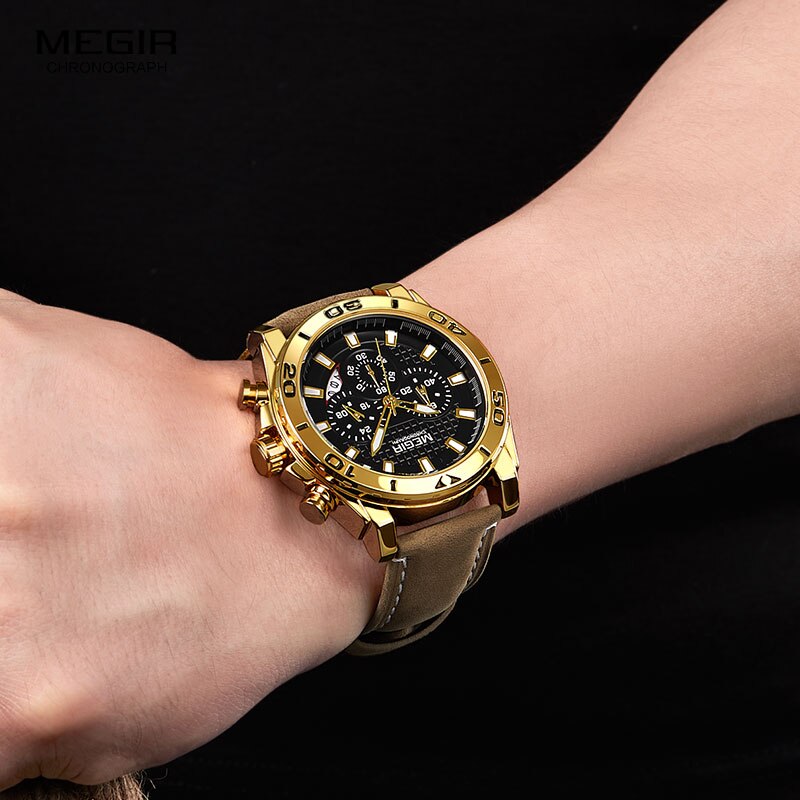 Gold Leather Strap Quartz Chronograph Watch for Men