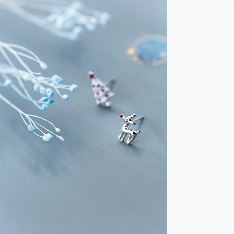 Sterling Silver Deer Christmas Tree Asymmetrical Earrings for Women