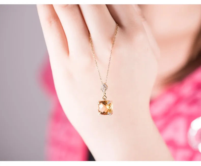 18K Yellow Gold Cushion Citrine Pendant Necklace for Women