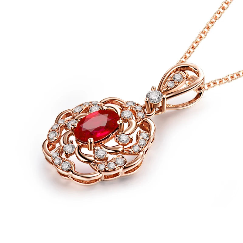 14K Rose Gold Red Ruby and Diamond Pendant Necklace for Women