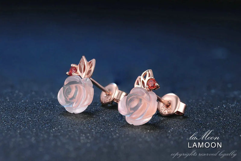 Sterling Silver Natural Rose Quartz Rose Flower Stud Earrings for Women