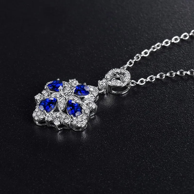 14K White Gold Blue Sapphire Diamond Pendant Necklace for Women