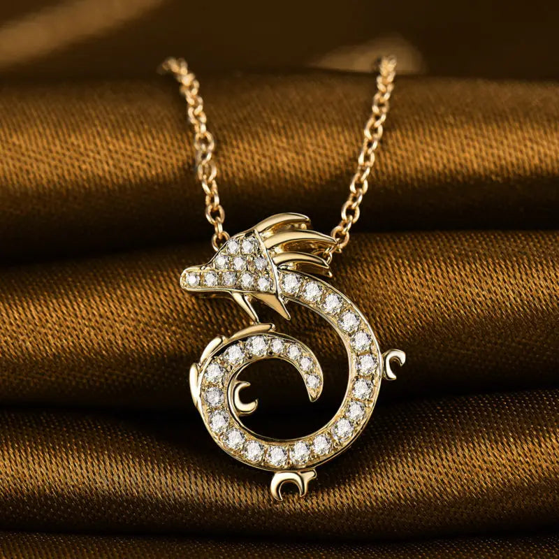 18K Yellow Gold Diamond China Dragon Pendant for Girl