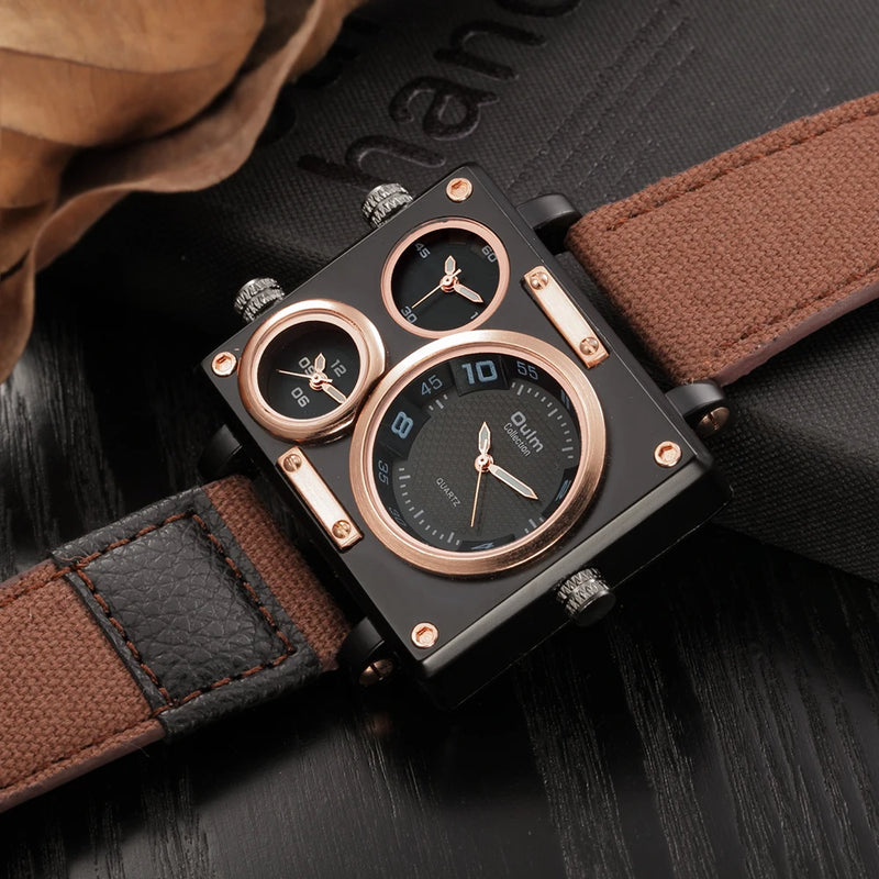 Luxury Designer Square-Face Watch with Three Time Zones for Men