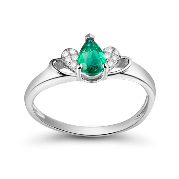 14K White Gold Green Pear Emerald Diamonds Ring for Women