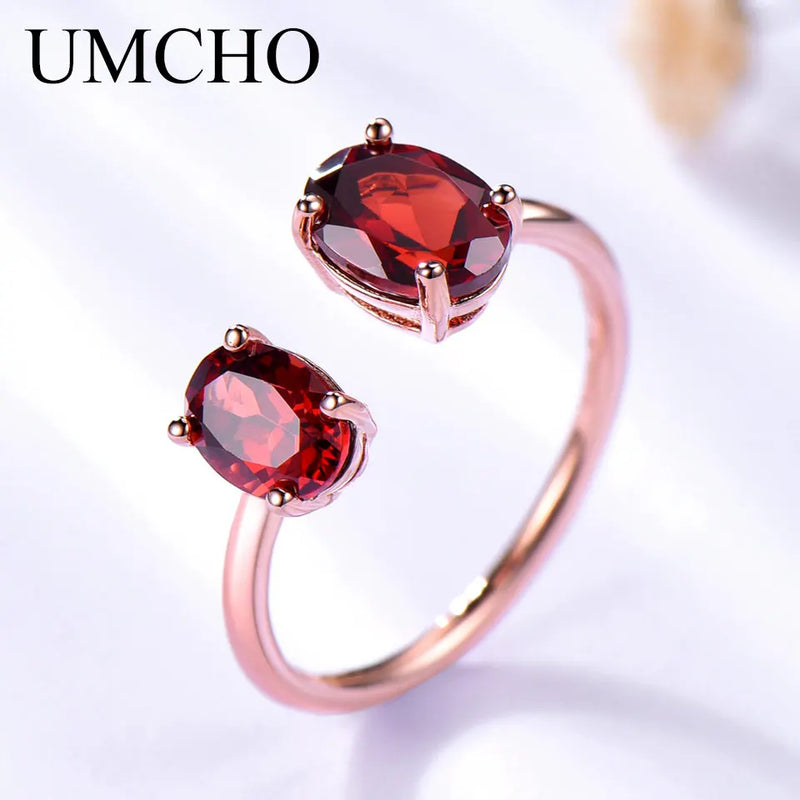 Sterling Silver Rose Gold Plated Oval Double Garnet Ring for Women