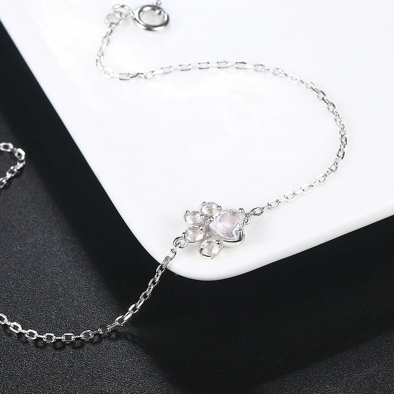 925 Sterling Silver Paw Print Charm Bracelet with Clear Quartz for Women.